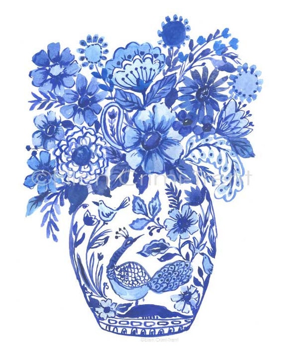 Chinoiserie Wall Art/ Chinoiserie Chic/ blue and white/ Chinoiserie Decor/ botanical/ Ginger jar/ blue floral