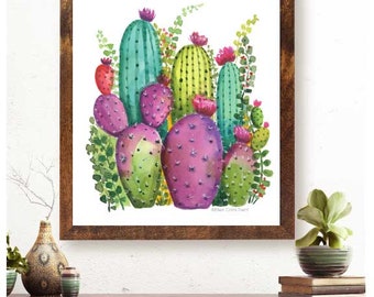 colorful cactus garden art/ cactus wall decor/ watercolor cactus/ succulent wall art/ cactus decor/ botanical wall art/ botanical decor