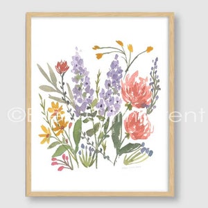 May include: A watercolor painting of a bouquet of flowers in shades of purple, pink, orange, and yellow. The flowers are arranged in a loose, organic style, and the background is white.