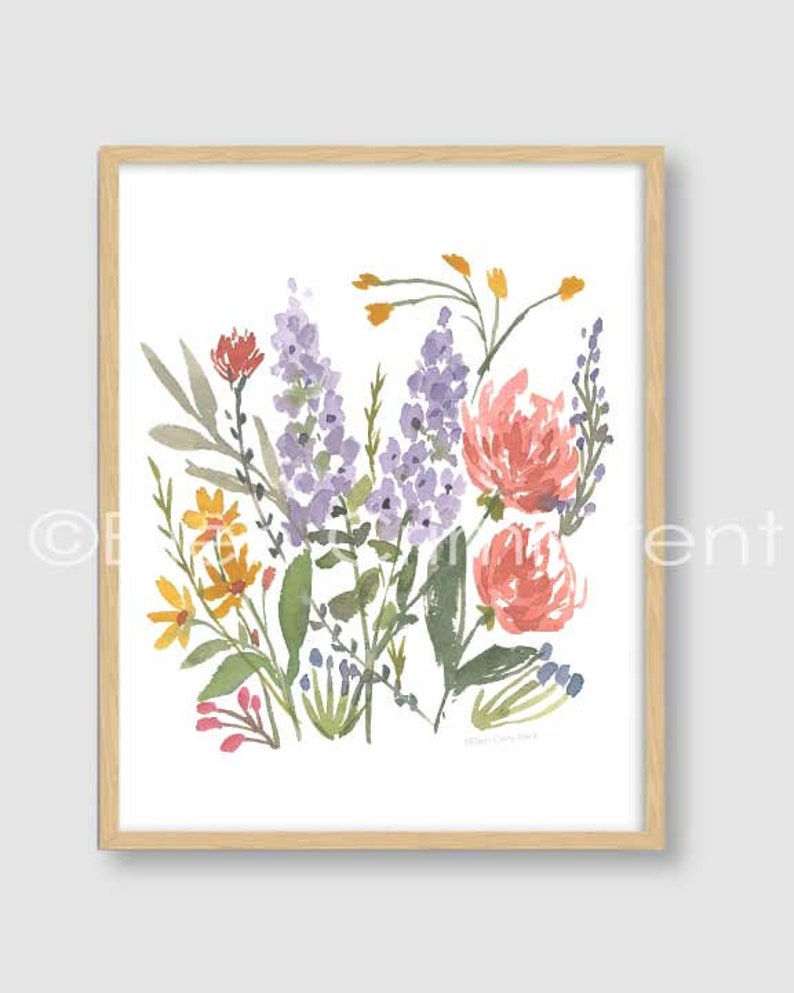 May include: A watercolor painting of a bouquet of flowers in shades of purple, pink, orange, and yellow. The flowers are arranged in a loose, organic style, and the background is white.