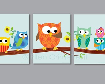Kids Wall Art-art print set- owls on a branch