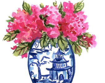 Watercolor Blue chinoiserie / Blue Porcelain/ Ginger jar decor/ Blue Wall art/ gifts for home/ home decor/ Pink flowers