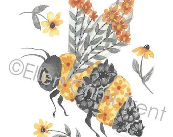 Watercolor bumble bee/Botanical wall art/ watercolor wall art/bumble bee decor/yellow and black/watercolor decor/wall decor/decorative