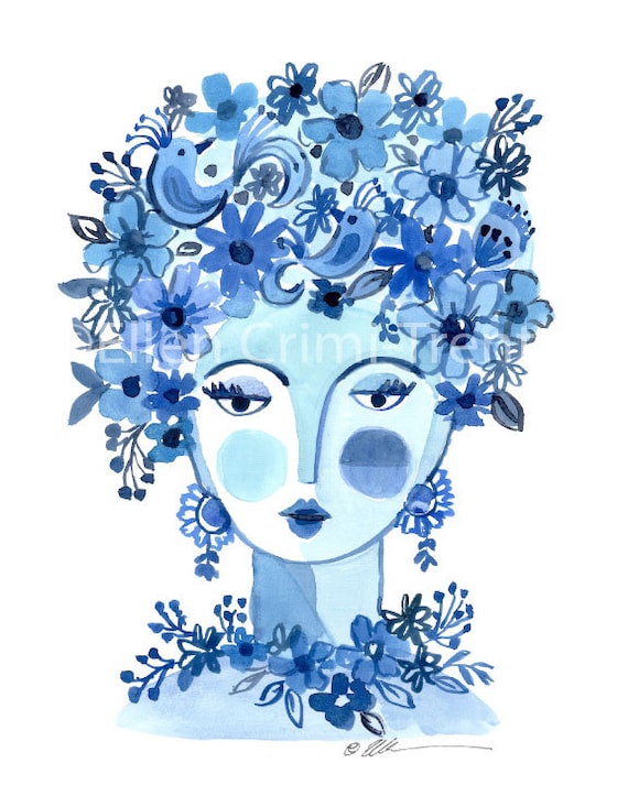 Retrato de Blue Lady / retrato abstracto de acuarela / flores - Etsy España Retrato de Blue Lady / retrato abstracto de acuarela / flores - Etsy España