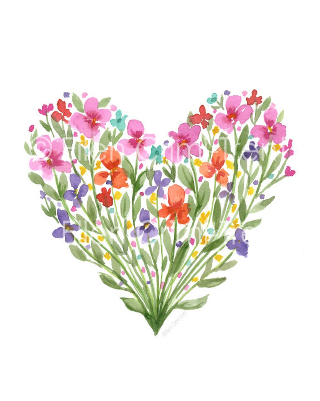 Watercolor Floral Heart/ Watercolor Flowers/ Wild Flowers in a - Etsy