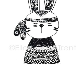 Tribal Bunny/ tribal wall art/ black and white kids decor/ kids wall art/ monochromatic decor/ kids decor/ black and white feather
