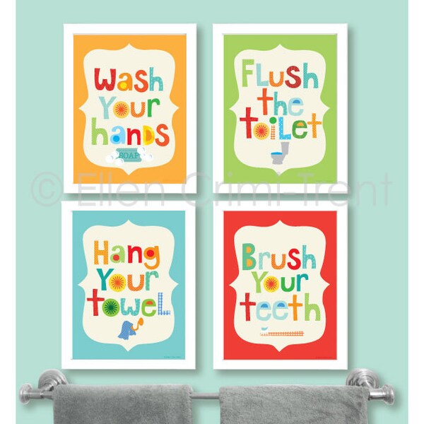 Decoração de banheiro infantil - Arte de parede para banheiro infantil/boas maneiras no banheiro/arte de parede infantil/decoração de parede para berçário/lave as mãos/escove os dentes