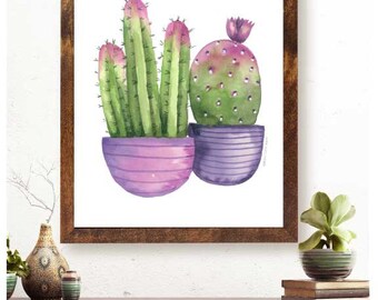 Cactus Wall Art/ Succulent Wall art/ cactus watercolor/ cactus wall decor/ watercolor botanical/purple cactus