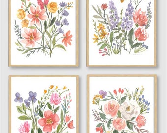 Watercolor Floral Prints/ wildflower Wall art/ Set of 4 prints/ Watercolor flowers/ Botanical Decor / Gallery Wall Art
