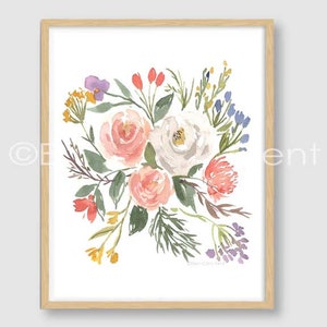 May include: A watercolor painting of a bouquet of flowers in shades of pink, white, yellow, blue, and green. The flowers are arranged in a loose, informal style, and the background is white.