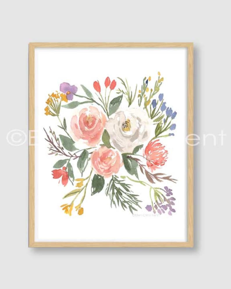May include: A watercolor painting of a bouquet of flowers in shades of pink, white, yellow, blue, and green. The flowers are arranged in a loose, informal style, and the background is white.