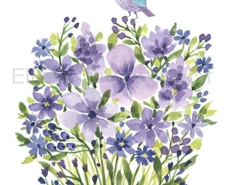 Watercolor Purple flowers and bird/ Watercolor wall art/ spring flowers/bird wall art/ botanical wall art/ mothers day gift