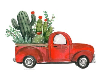 Cactus in red truck/cacuts decor/ cactus wall art/ succulent wall decor/ succulent wall art/ vintage red truck decor/ christmas decor