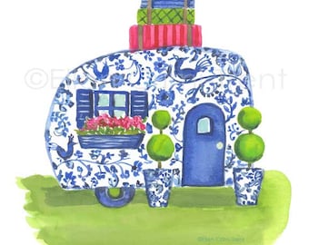 Watercolor camper art, camper wall art, chinoiserie wall art, chinoiserie decor, camper decor, gifts for her, blue and green