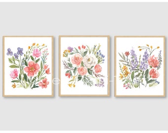 Watercolor Floral Prints/ wildflower Wall art/ Set of 3 prints/ Watercolor flowers/ Botanical Decor / Gallery Wall Art