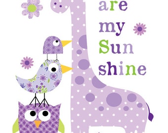 Baby girl nursery art-Kids Wall Art- purple you are my sunshine animals print