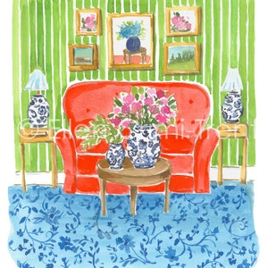 Interior Design  Illustration / Chinoiserie /Watercolor Blue chinoiserie / Home Decor/ Watercolor wall art/ Boho wall art