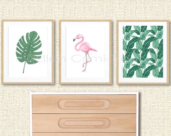 Tropical print set, tropical wall art, flamingo, watercolor banana leaves, watercolor philodendron leaf, watercolor decor