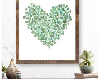 Eucalyptus wall art/ greenery wall decor/ botanical wall art/ eucalyptus watercolor heart/ farmhouse chic/ Leaf wall art