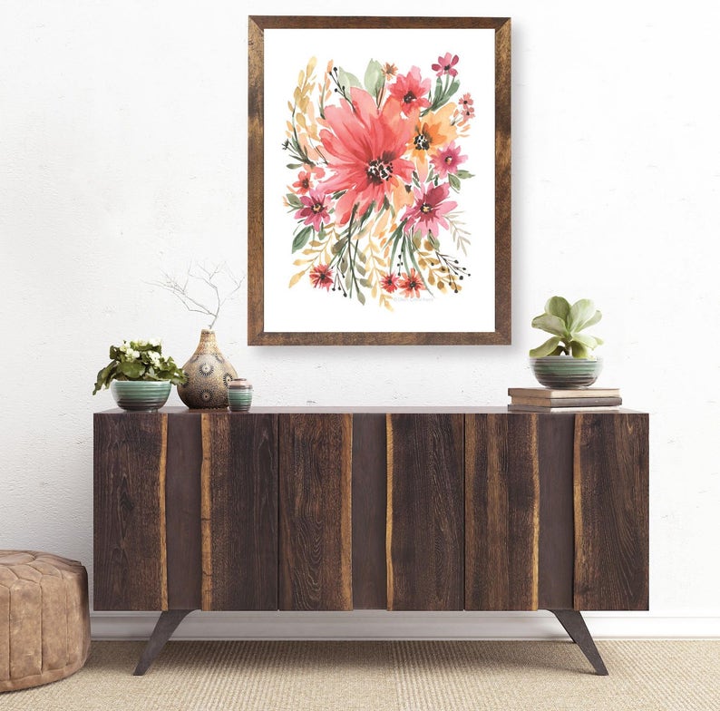 Boho Chic watercolor flowers/watercolor pink flowers/watercolor decor/ Wall decor/ Floral wall art/ gifts for her/ Mothers Day image 1
