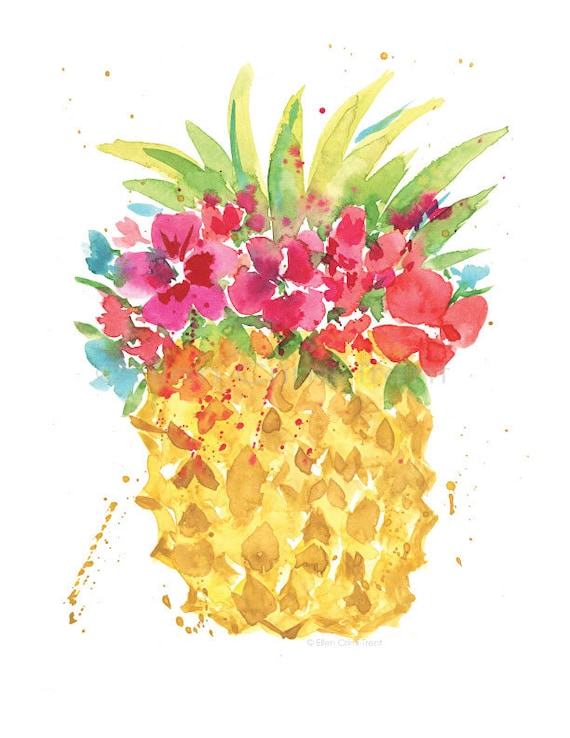 Printed Watercolour Tropical Floral Pineapple wall Print,girls wall print