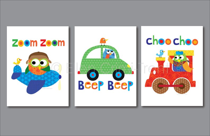 Kids Wall Art Nursery Print Set Transportationbaby Boy Etsy