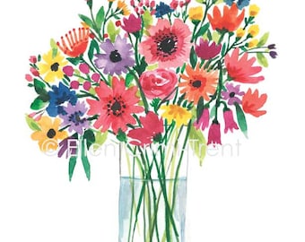 Watercolor flowers in a vase/watercolor bouquet/ floral wall art/ spring floral/ summer floral/ gifts for her/ Mothers day gift