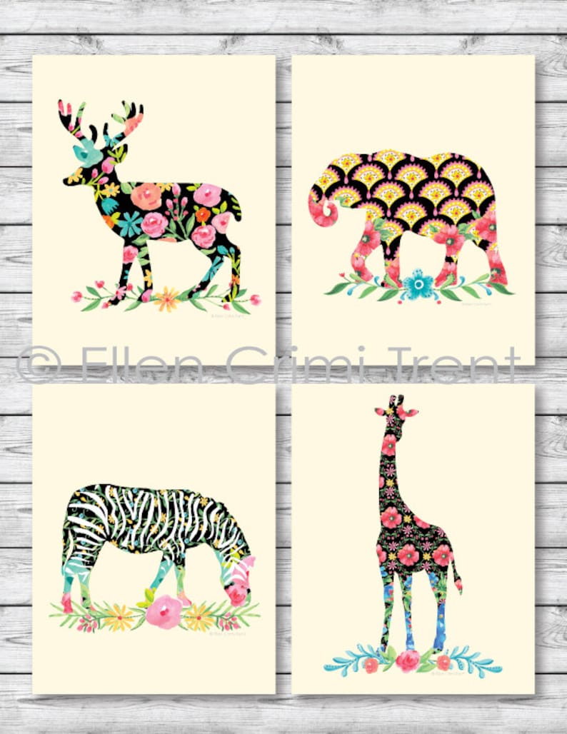 Safari Animals Wall Decor Art Nursery Watercolor Girls Baby Girl