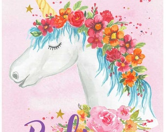 Unicorn wall art/watercolor unicorn art/ unicorn decor/ kids wall art/ nursery decor/ girls nursery/ girls decor/ watercolor flowers