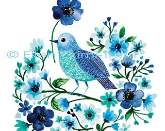 Watercolor Blue Bird/Watercolor painting/Blue watercolor art/Watercolor Flowers/Gifts for her/Home Decor/ Wall art/ Nursery Decir