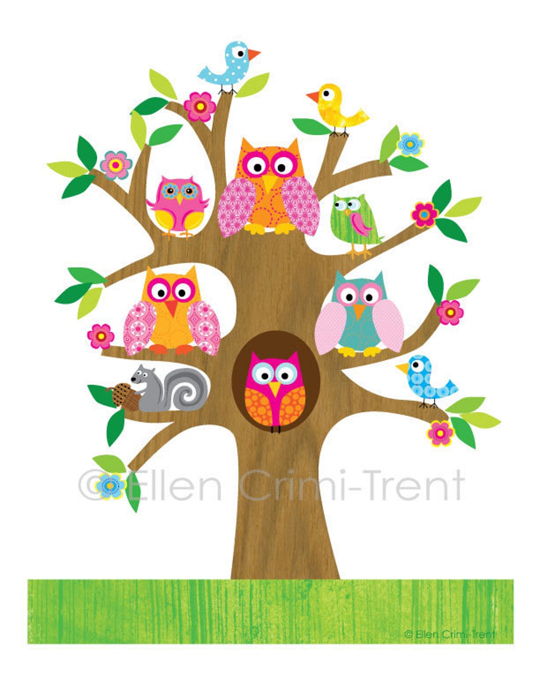 Los niños pared Art - búhos en árbol para niñas ilustración - Etsy México, image size:1080x1398
