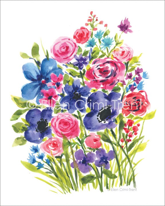 Watercolor Flower Bouquet/ Anemone Watercolors/ Purple and Pink Flowers ...