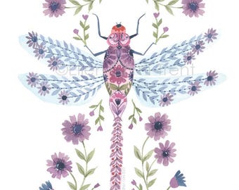 Watercolor dragonfly/Botanical wall art /watercolor flowers/ watercolor dragonfly/purple watercolor flowers/purple flowers/botanical decor