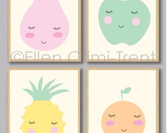 Kids Wall Art/ Kawaii fruit print set/ kids wall decor/nursery decor/ kids pineapple print/kids pear art/ kids fruit art