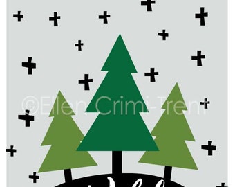 May include: A digital illustration of three green trees on a gray background with black plus signs. The trees are on a black hill with the text "& Wild free" in white.
