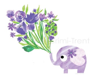 Purple Elephant and watercolor flowers Nursery Decor- kids wall art