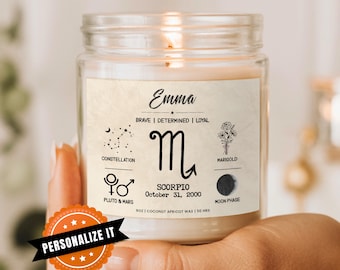 Personalized Scorpio Birthdate Candle, Custom Zodiac Gift for October November Birthdays: Coconut Apricot Wax Candle