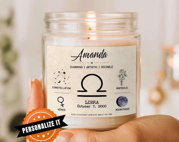 Personalized Libra Birthdate Candle, Custom Zodiac Gift for September October Birthdays: Coconut Apricot Wax Candle, Libra Gifts