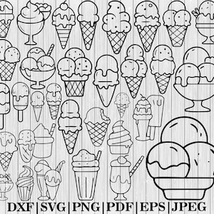 Könnte beinhalten: Schwarz-weiße Strichzeichnungen verschiedener Eiscreme-Leckereien, darunter Eistüten, Eisbecher und Eis am Stiel. Der Text "DXF | SVG | PNG | PDF | EPS | JPEG" ist ebenfalls enthalten.