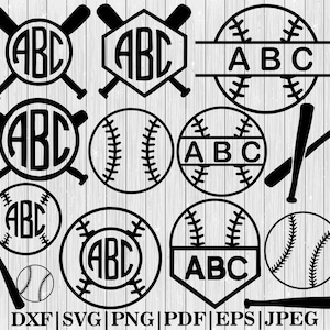 May include: Black and white baseball-themed designs featuring the letters "ABC". The image includes various baseballs, bats, and monogram designs. The bottom of the image displays file type options: DXF, SVG, PNG, PDF, EPS, and JPEG.