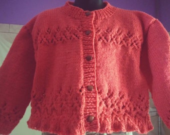 Handknit Lace Bell bottom Cardigan, Hand Knit Lace Sweater, Handmade buttoned cardigan, Hand knit girl cardigan,  Coral clor, Size 3-4