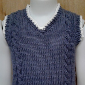 Hand Knit Sweater Child v-neck Vest, size 3-4T Steel Blue trimmed with soft white