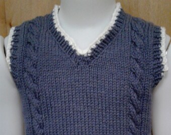 Hand Knit Sweater Child v-neck Vest, size 3-4T Steel Blue trimmed with soft white