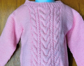 Hand knit Cable Sweater Pullover,  Hand Knitted Child Pink Sweater, Handknit Unisex Cable front and back Pullover ,  Size 2T, pink color