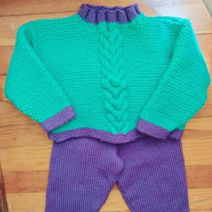 Hand Knit 2 - piece Infant 18  Months Cable Set, Sweater and Pant. Sweater and Pant set, infant sweater and Pant Handknit set, 2 color set