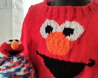 Hand Knitted Sesame Street Elmo Face Sweater and hat set.  Size 2T set, Toddler Child set with red, blue, white mixed for hat and trim.