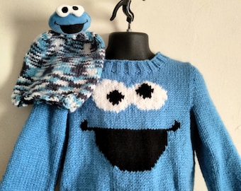 Hand Knitted Sesame Street Cookie Monster Face Sweater and hat set.  Size 2T Set, Toddler Hat, Toddler Blue Sweater.