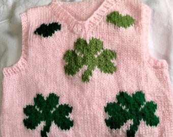 Hand knit St. Patrick's Day, Hand Knitted Child V-Neck Sweater Vest Size 18 months, light  pink color