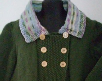 Hand knit Double Breasted Medium Thyme color Dress Coat with pockets in Seed Stitch,  Size 4T