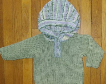 Hand knitted Hooded Jersey style Pullover, handknit hooded pullover. Handknit hooded sweater, 24 months / 2T